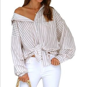 Blooming Jelly Oversized Striped Tie Knot Button Down Blouse, Medium